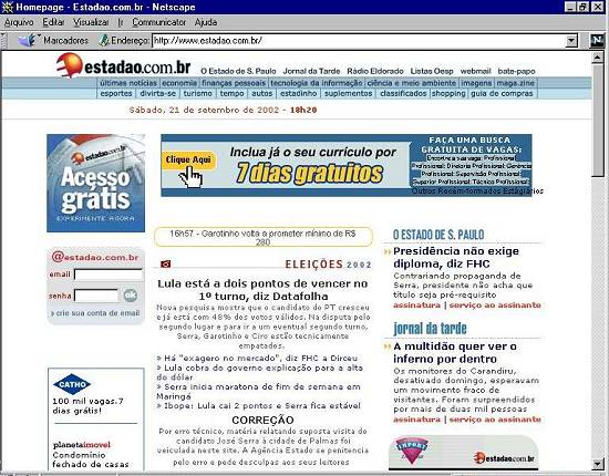 P�gina principal de not�cias do grupo Estado com a corre��o da not�cia, em 21/9/2002