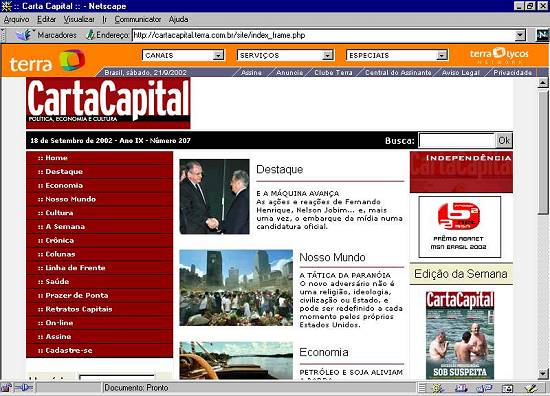 Pgina Web de CartaCapital com a chamada da matria e a capa da revista de 18/9/2002