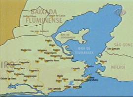 No mapa, os principais bairros do Grande Rio em 'luto' (Captura de tela: Rede Bandeirantes de Televis�o, 30/9/2002, 20h03)