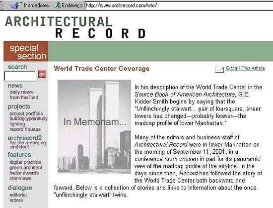 P�gina Web com mat�rias especiais sobre os atentados e a Arquitetura