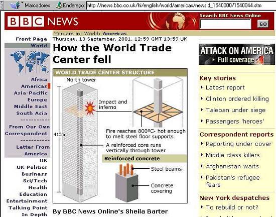 P�gina noticiosa da BBC de Londres em 13/9/2001, com an�lise da queda das torres do WTC
