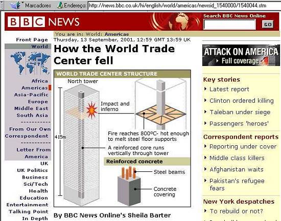 Pgina noticiosa da BBC de Londres em 13/9/2001, com anlise da queda das torres do WTC