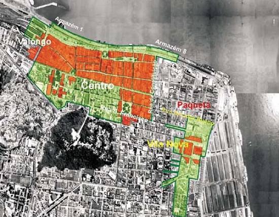 �reas em vermelho e verde, beneficiadas com o Projeto Alegra Centro