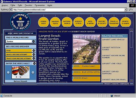 Pgina Web do Livro dos Recordes com o registro sobre os jardins santistas, recorde reconhecido em 2002
